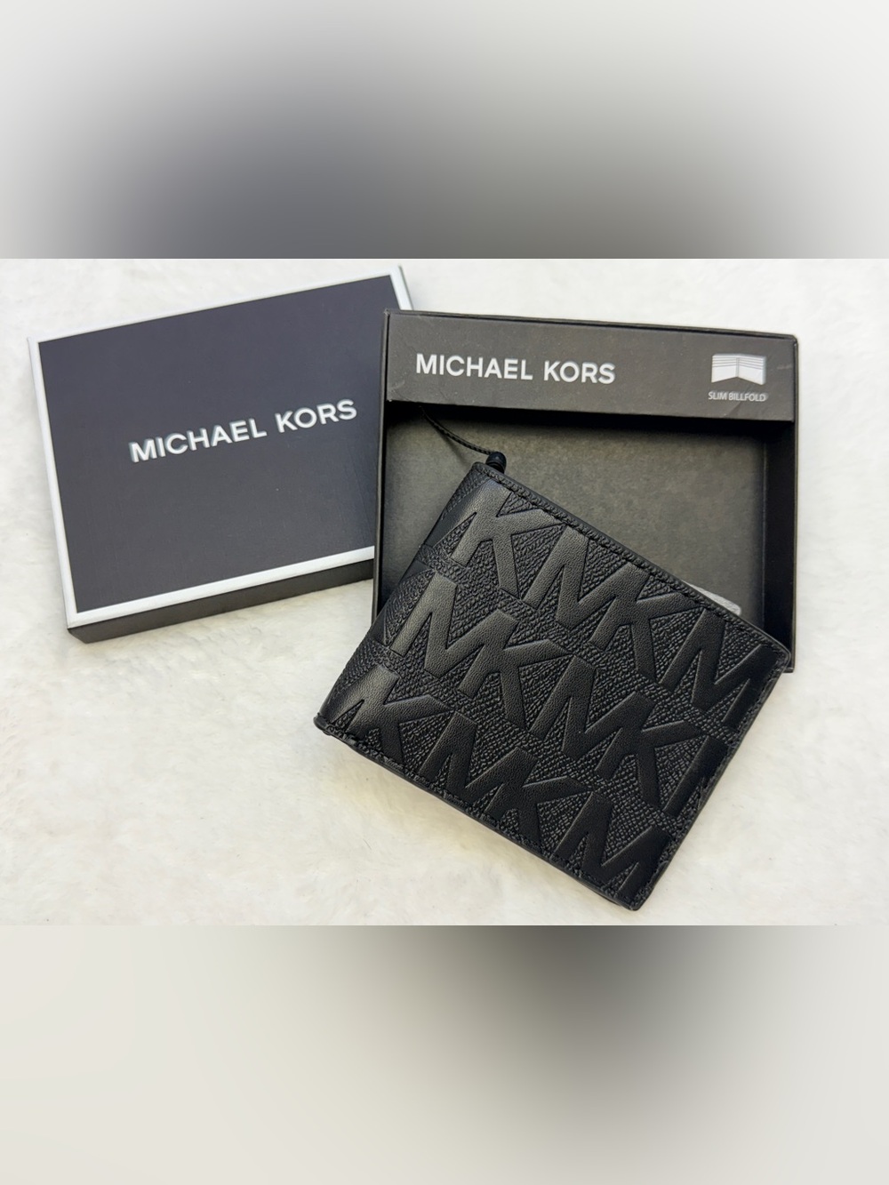 Michael Kors Andy Men’s Black Embossed MK Slim Billfold  Wallet Card